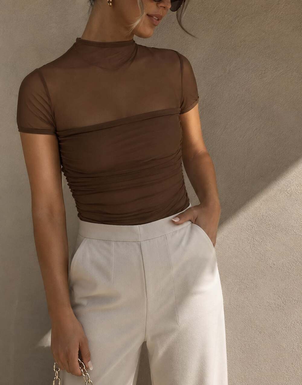 Women's Mesh Bodysuit with Mock Neck and Ruched Detail